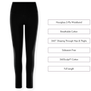 Black leggings with text detailing features on a white background