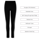 Black leggings with text detailing features on a white background