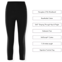 Black leggings with text detailing features on a white background