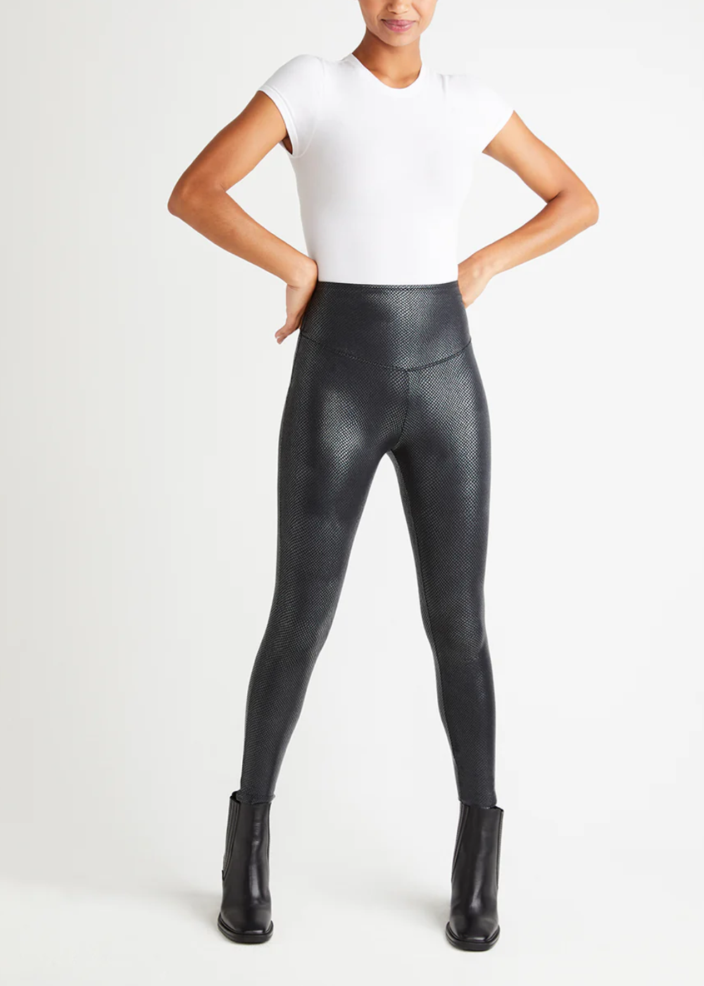 Faux Leather Yummie High Waisted Leggings Black Katia Snake