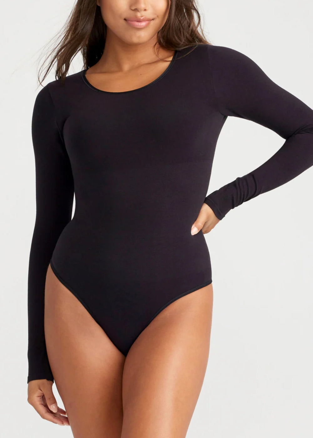 Black Long Sleeve Shaping Thong Bodysuit Soft Moisture Wicking