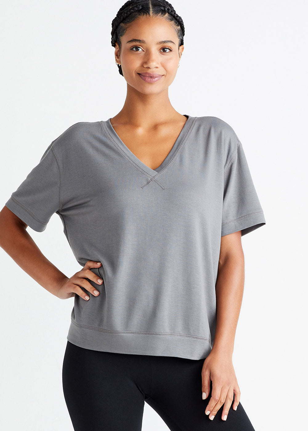V-neck Lounge Tee - Baby French Terry from Yummie in Gargoyle  - 1