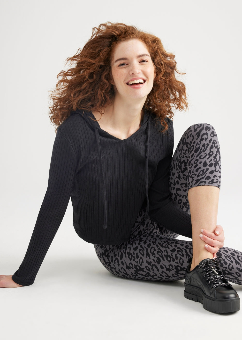 Cropped Lounge Hoodie - Cotton Rib from Yummie in Black  - 1