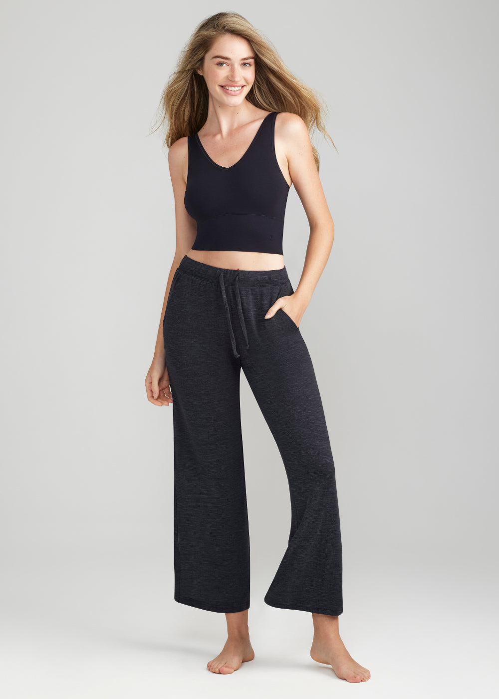 Wide Leg Slub Knit Lounge Pant in Black yummie