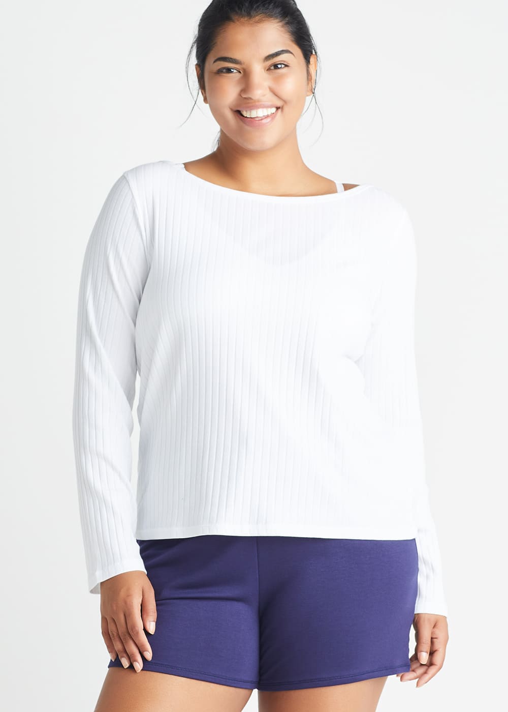 Long Sleeve Lounge Tee - Cotton Rib from Yummie in White  - 1