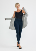 True Indigo Denim Shaping Leggings - Styled View with Black Top and Grey Cardigan | Yummie