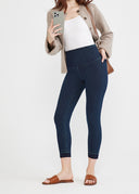 True Indigo Denim Remy Cropped Shaping Leggings - Styled Look with Beige Sweater Jacket | Yummie