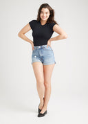 Black Short Sleeve Thong Bodysuit - Styled with Jean Shorts | Yummie