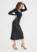 Black Long Sleeve Shapewear Bodysuit - Styled with Black Satin Skirt | Yummie
