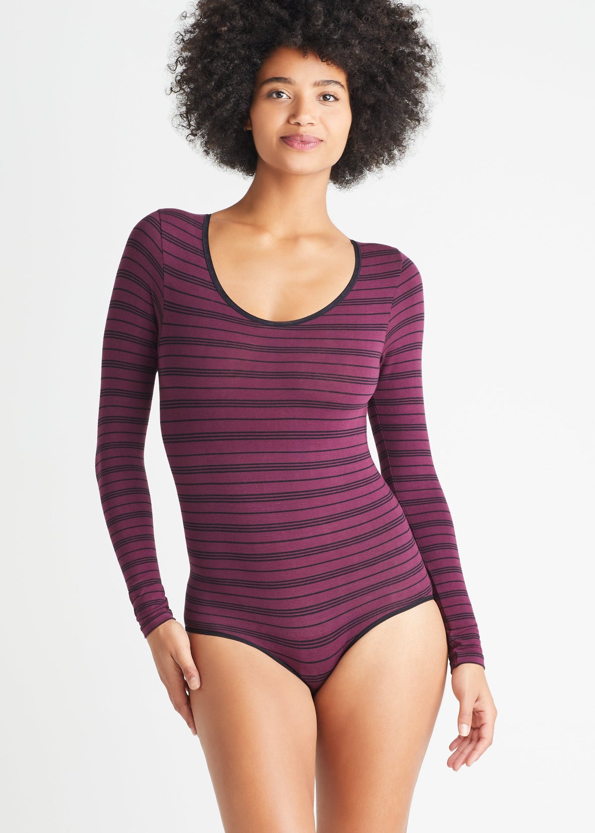Long Sleeve Shaping Bodysuit - Cotton Seamless from Yummie in Potent Purple/Black Stripe  - 1