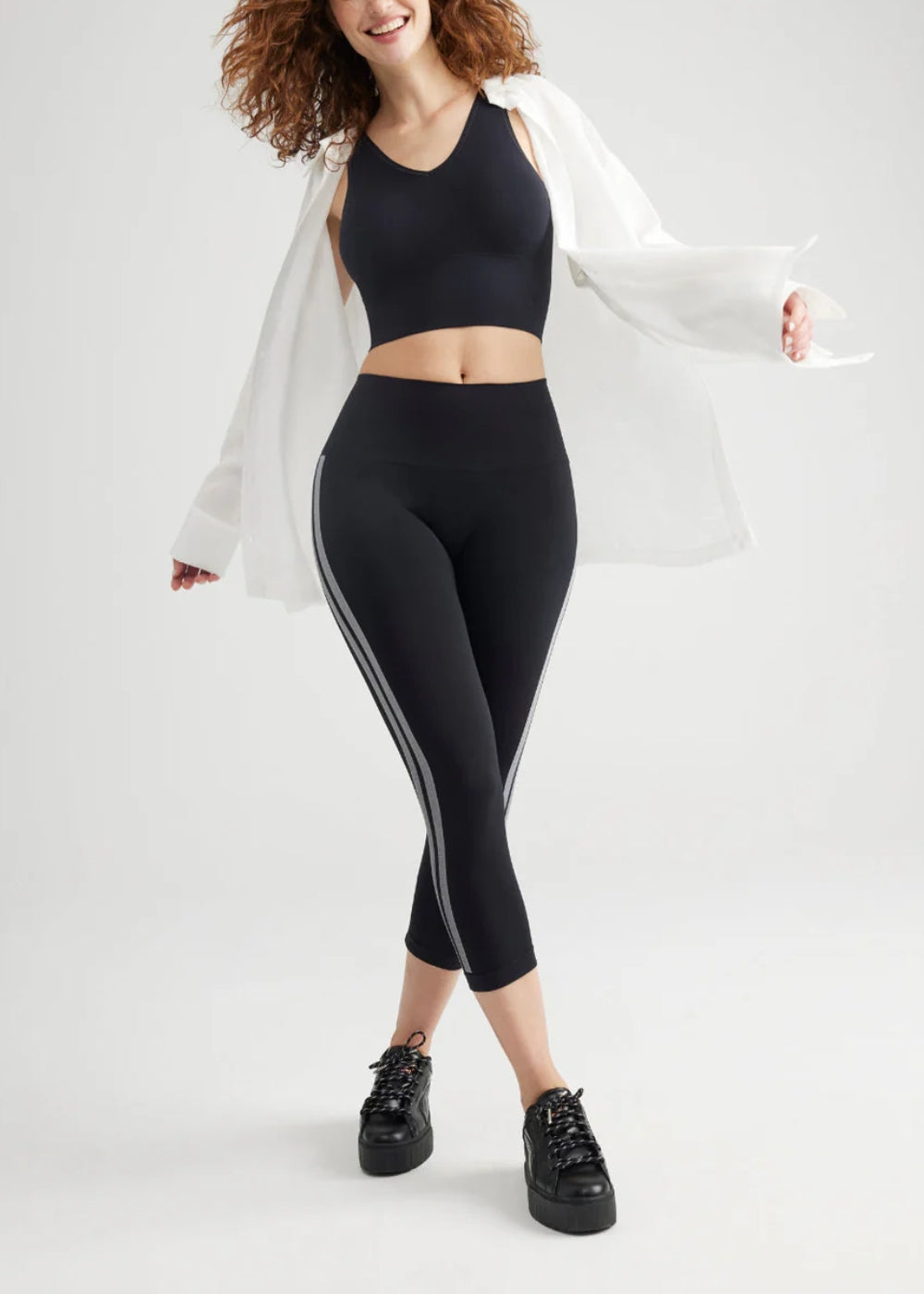 Morgan Seamless Cropped Capri Shaping Legging White Stripe