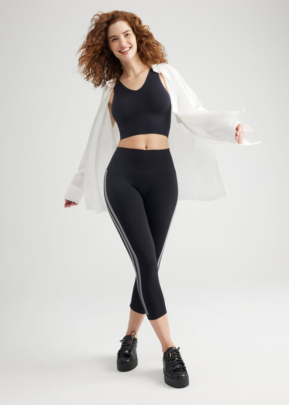 Morgan Seamless Cropped Capri Shaping Legging from Yummie in Black and White Stripe  - 1