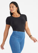 Black Holly Short Sleeve Shaping Top - Styled with Denim Legging in Mid Wash | Yummie