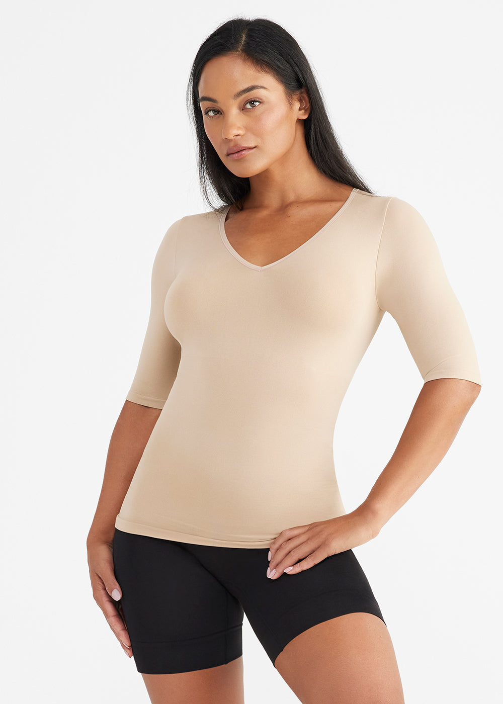 Willow V Neck 3 4 Sleeve Shaping Top Almond