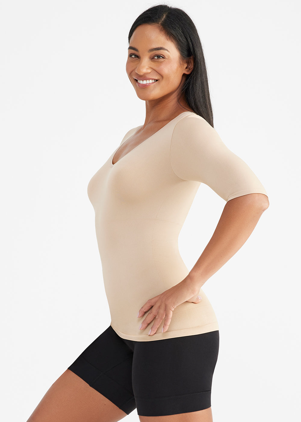 Willow V-Neck 3/4 Sleeve Seamless Shaping Tank Top in Nude