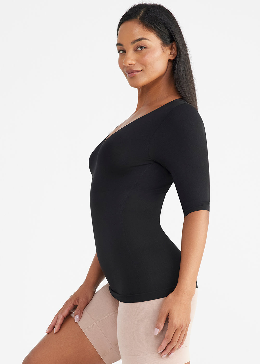 Willow V-Neck 3/4 Sleeve Seamless Shaping Tank Top in Black
